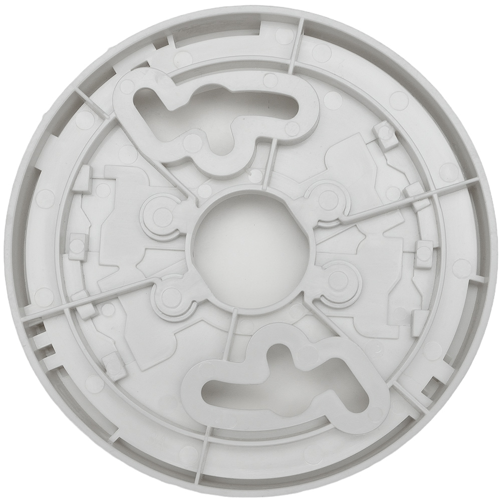 Rückansicht des weißen Aufputz-Sockels aus Kunststoff mit Montageöffnungen