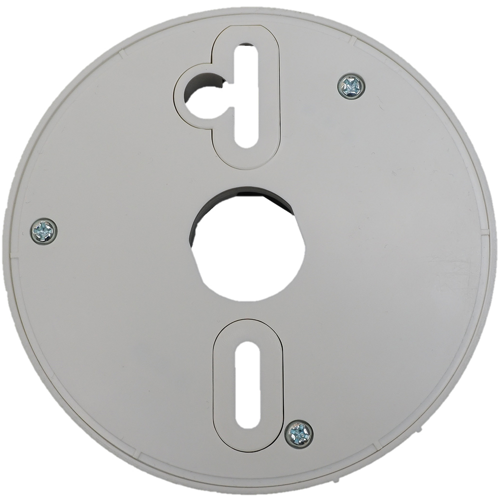 Unterseite des weißen Aufputz-Relaissockels aus Kunststoff mit Montageöffnungen, IP3X