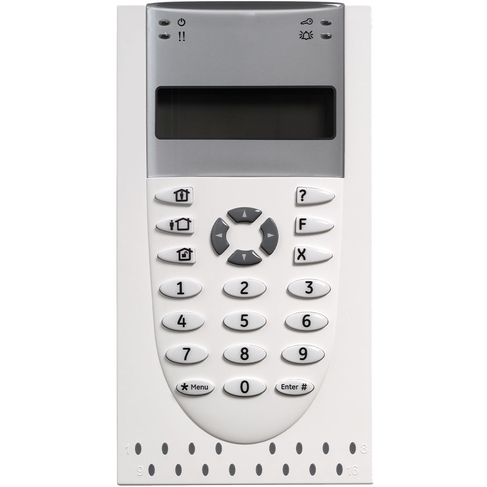 Aritech Bedienteil mit integriertem Kartenleser, geöffnet, weiße Tastatur mit Funktionstasten und LCD-Display, von vorne