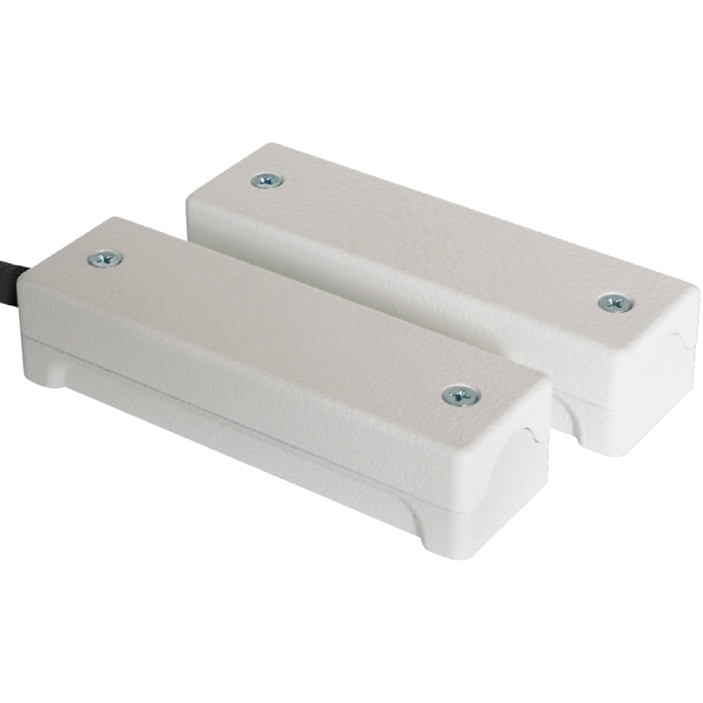 Elektronischer Adapter im weißen Gehäuse mit Kabelanschluss, geeignet für Sicherheits- und Alarmsysteme, rückseite