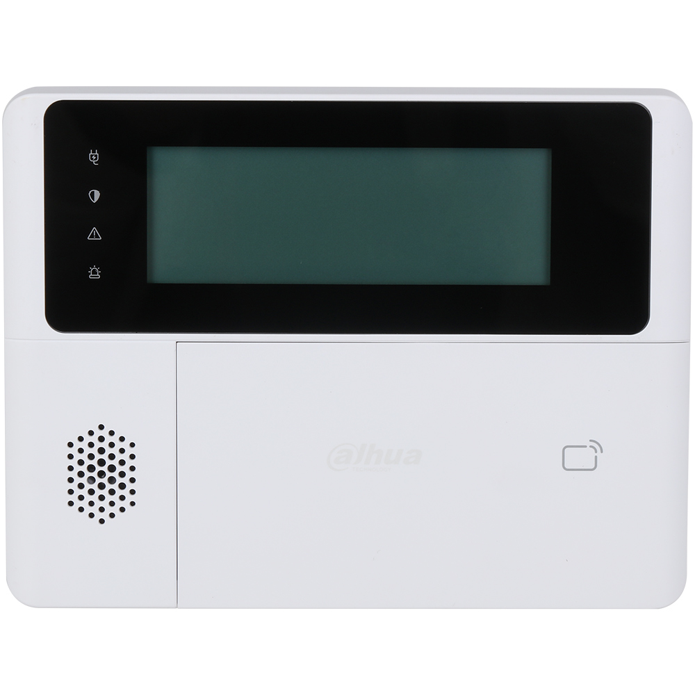 Dahua Funk-Bedienteil in Weiß mit LCD-Display, Frontansicht zur Steuerung und Statusanzeige von Alarmanlagen