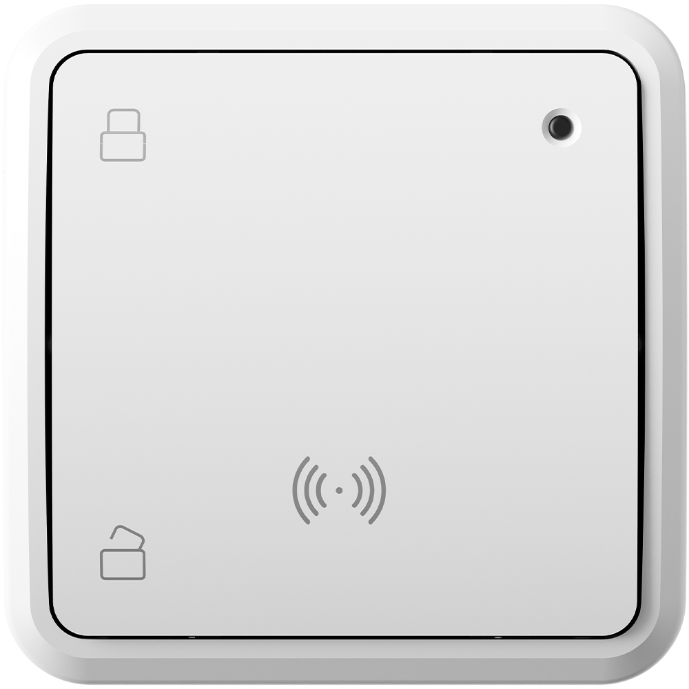 Funk-MIFARE-Leser 13,56 MHz, weiß, quadratisches Gehäuse, Frontansicht