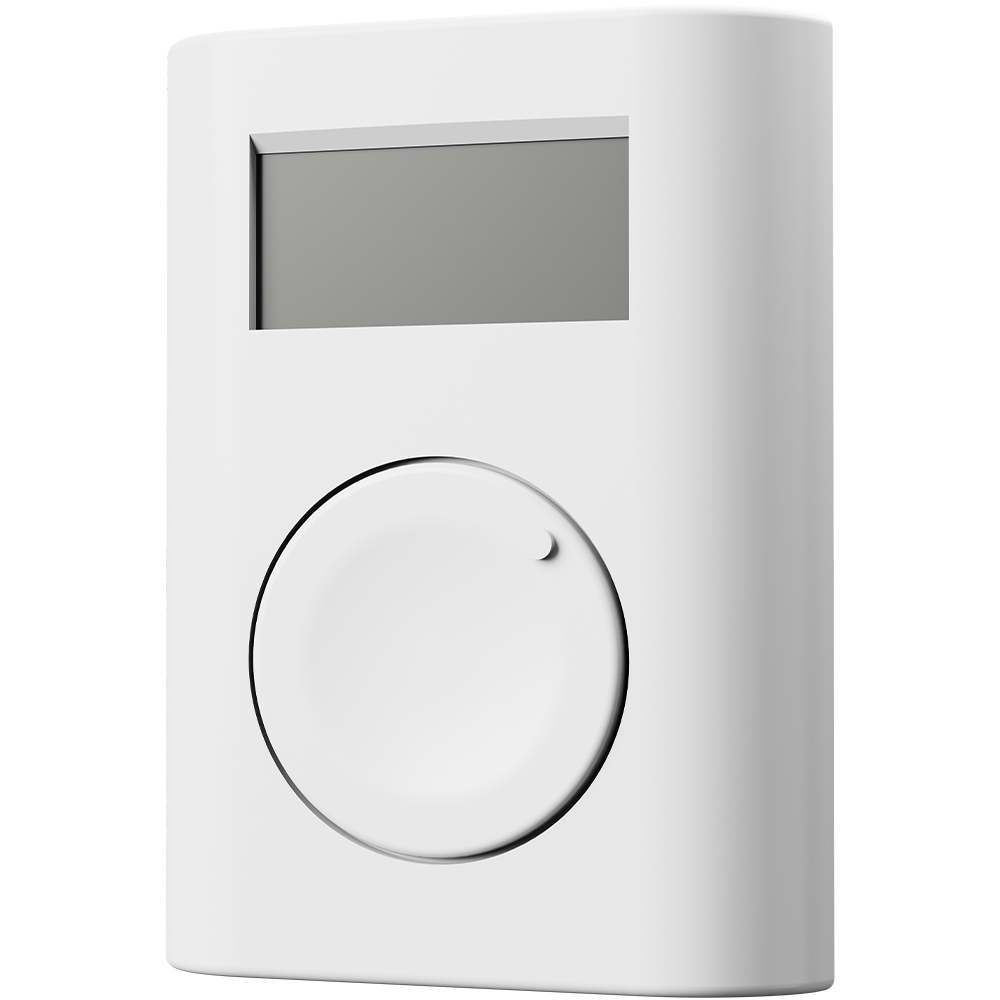 Jablotron BUS-Thermostat mit Display und Drehregler, weiß, schräge Frontansicht