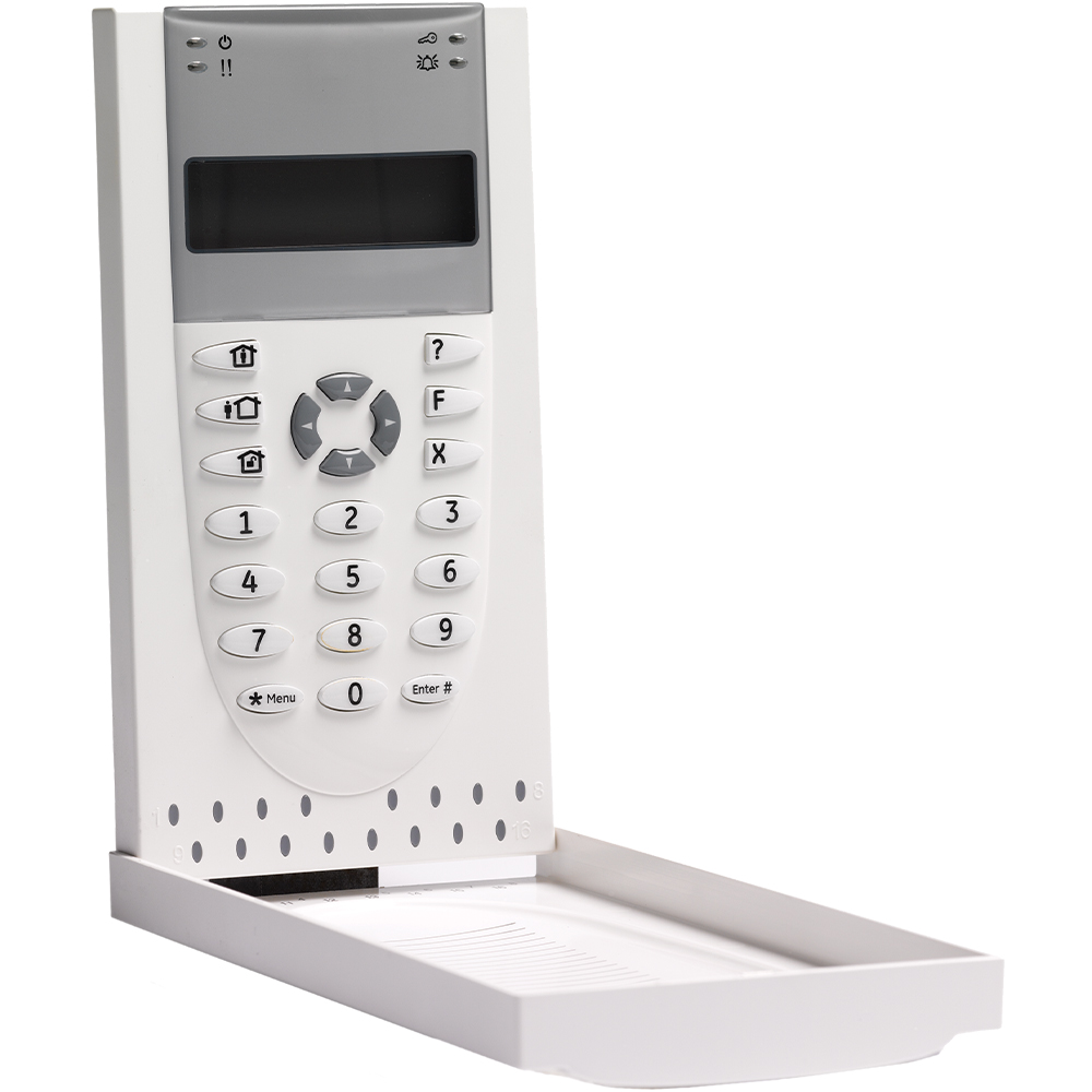 Aritech Bedienteil mit integriertem Kartenleser, geöffnet, weiße Tastatur mit Funktionstasten und LCD-Display, schräg von vorne