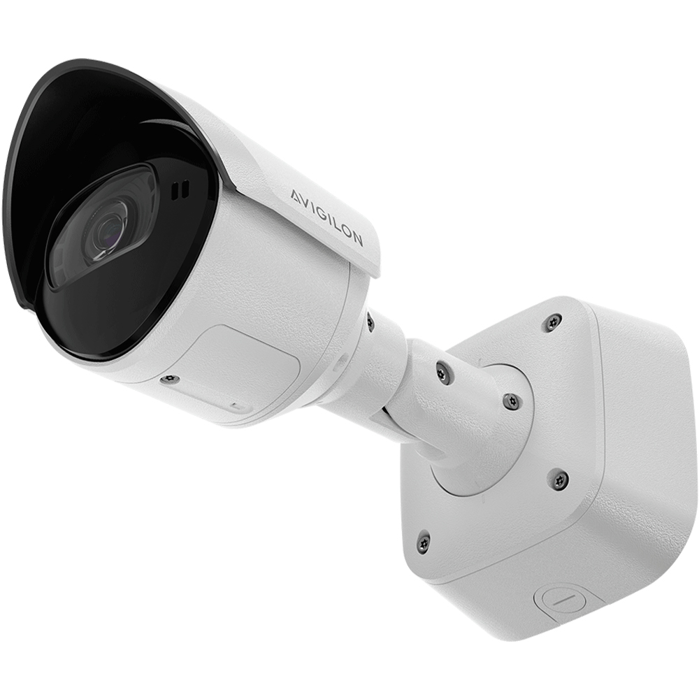 Ansicht diagonal von unten - IP-Bullet-Kamera in weß inklusive Montagebox