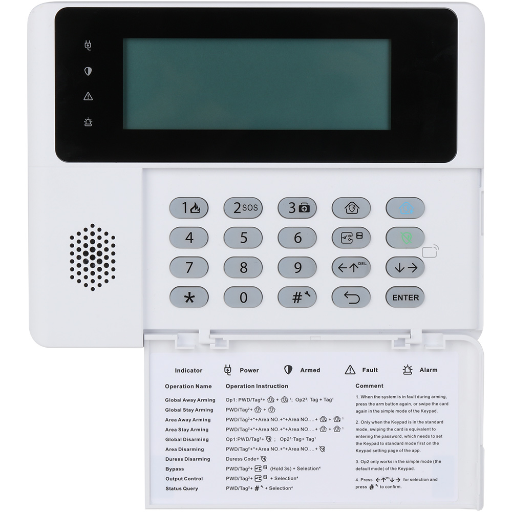 Dahua Alarm-Bedienteil mit LCD-Display, Tastatur und integrierter Anleitung, Frontansicht zur Systemsteuerung, weiß