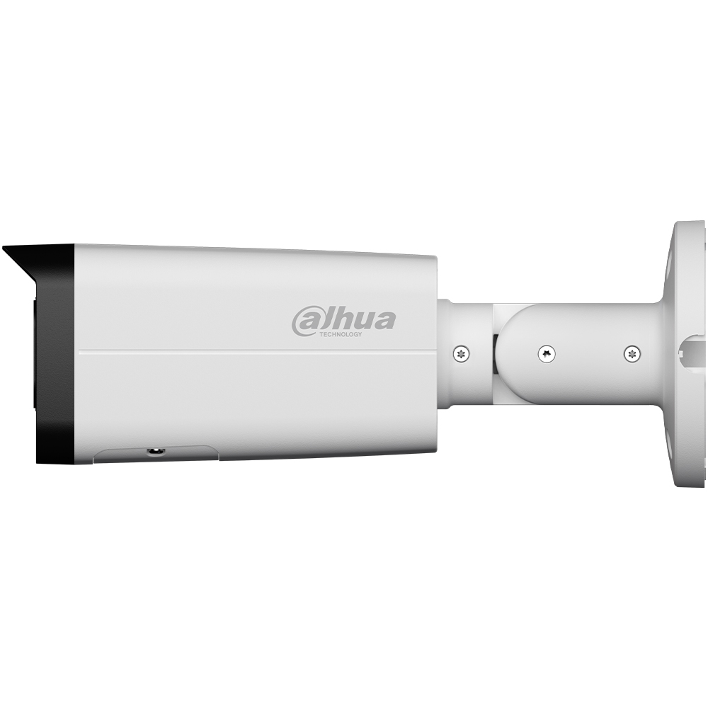 Bullet-Kamera nach links ausgerichtet in weißem Gehäuse inklusive Wandhalterung und Dahua-Logo